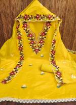 Chanderi Yellow Casual Wear Thread Work Dress Material